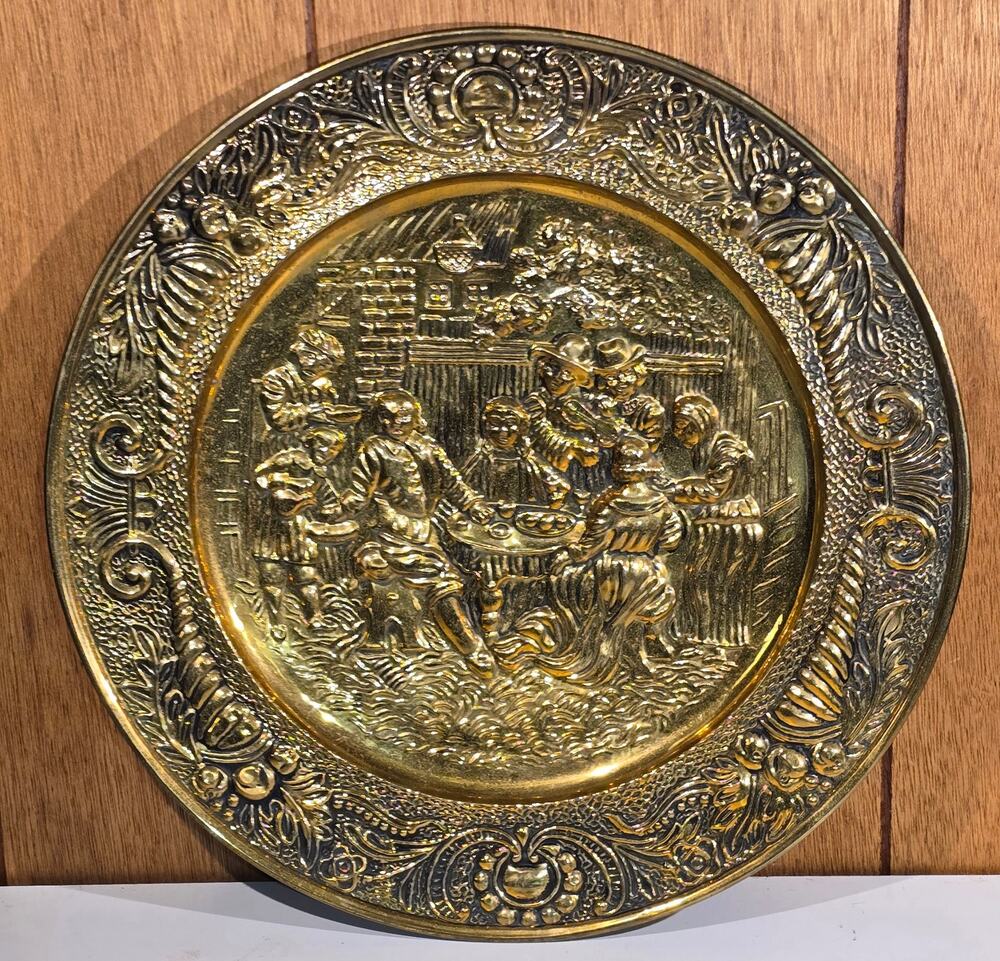 Vintage English Brass Wall Charger Plate Embossed Village Gathering Scene 14.25"